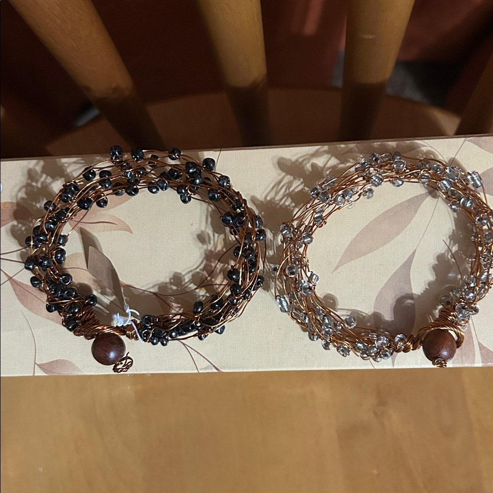 New Handcrafted Copper Wire Beaded Bracelets, Black Hematite or Clear beads